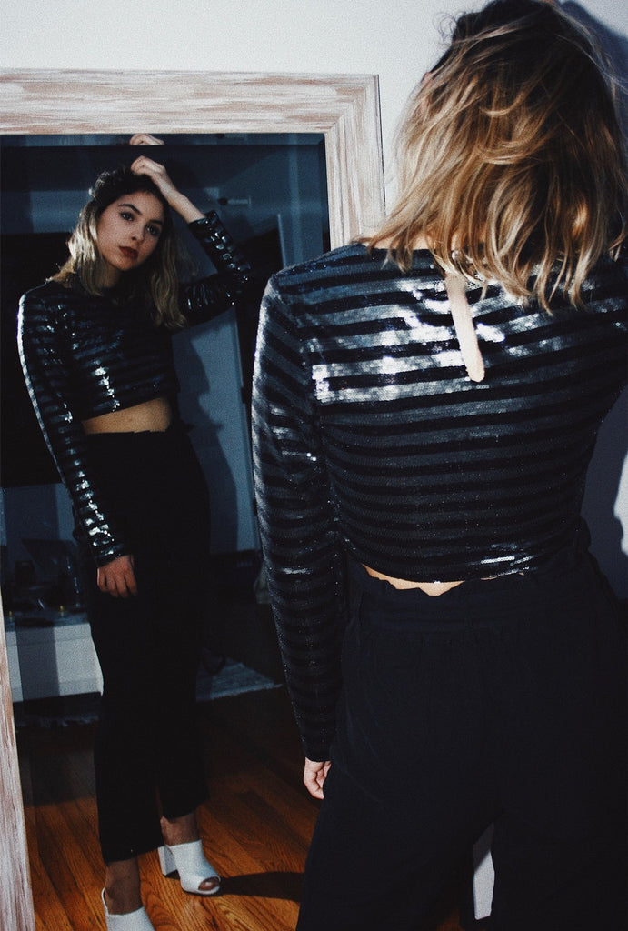 Sequin Stripe Crew Neck LS Crop Top